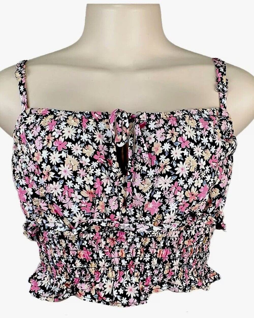 Wild Fable Black Pink Yellow Floral Keyhole Front Ruche Ruffle Crop Top Small